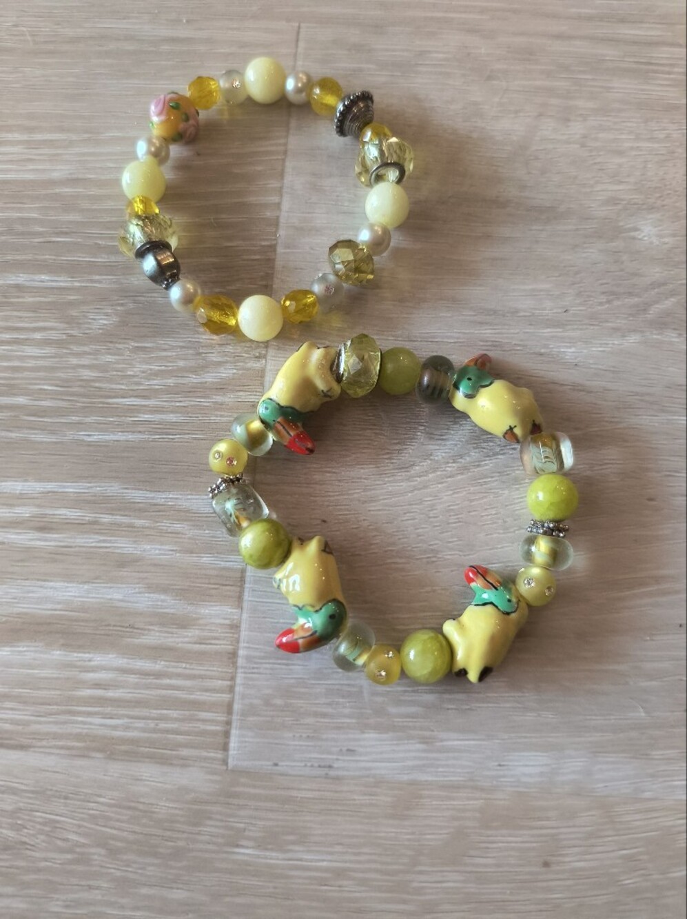Yellow Beaded Stretch Bracelet Set - Cute Parrot Accent
